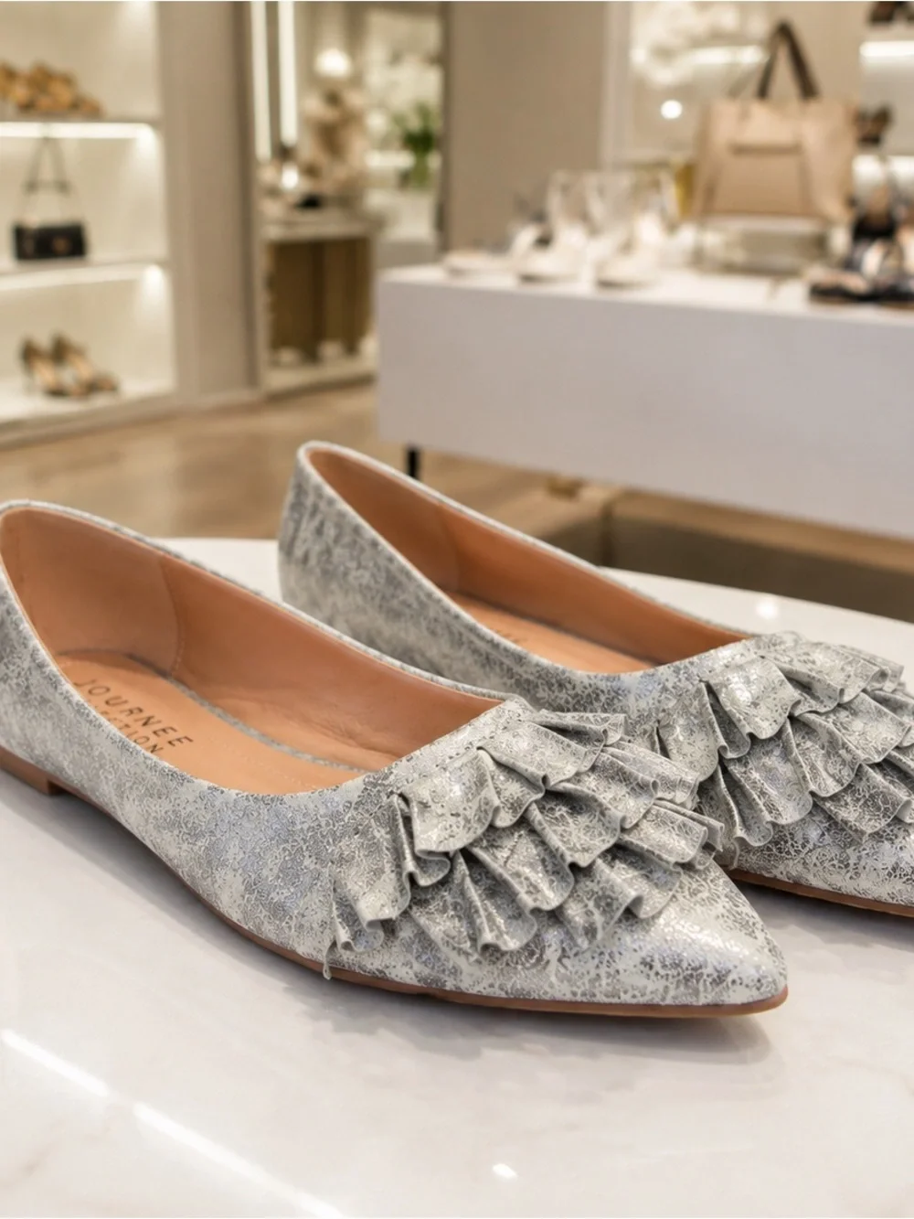 Journee Collection Silver Ruffle Pointed Toe Flats Size 8.5